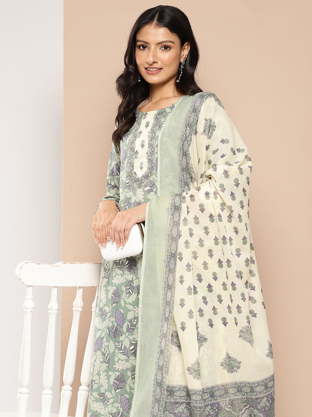 Green-Floral-Printed-Regular-Pure-Cotton-Kurta-With-Trousers-&-With-Dupatta-1254SKDGR