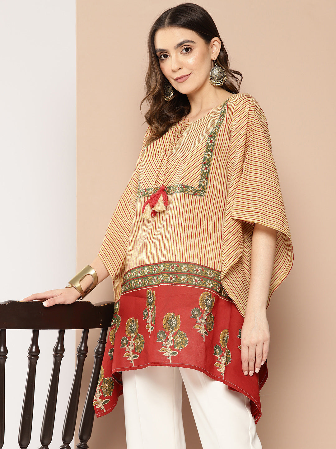 Red-And-Beige-Striped-Cotton-Kaftan-Longline-Top-1411TOPRD