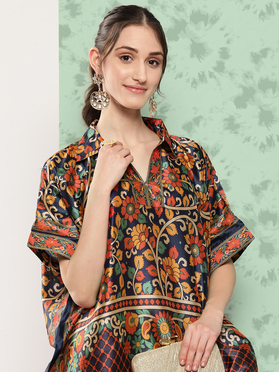 Printed-Kimono-Sleeve-Kaftan-Longline-Top-1398TOPBL