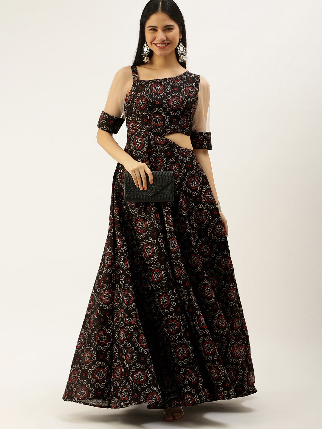 Black-Printed-Art-Silk-Gown