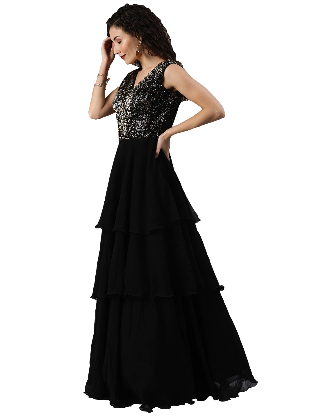 Black-Sequins-Embroidered-V-Neck-Gown