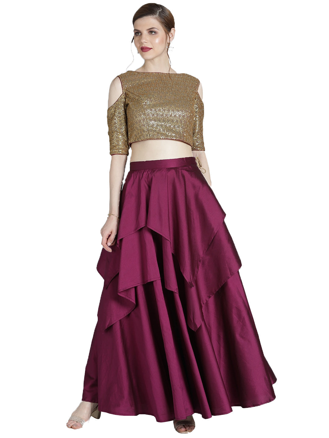 Cold-Shoulder-Purple-Kerchief-Style-Skirt-Set