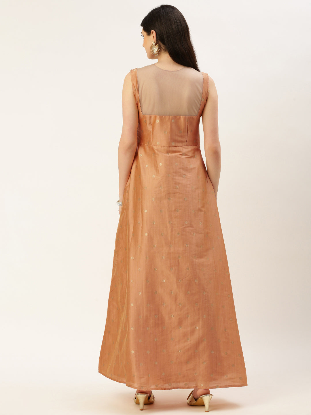 Copper-Jacquard-&-Art-Silk-Sleeveless-Dress