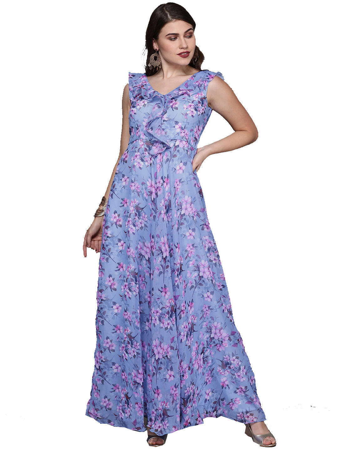 Custom-Made-Blue-Digital-Print-V-Neck-Gown