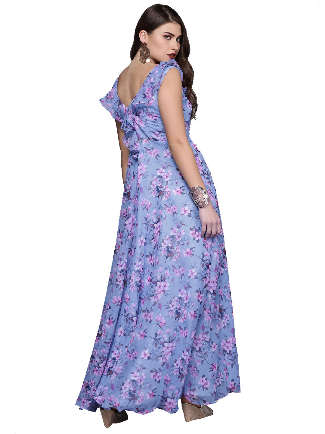 Custom-Made-Blue-Digital-Print-V-Neck-Gown