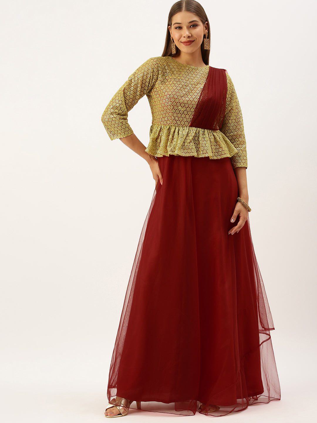 Gold-&-Red-Embroidered-Net-Layered-Gown