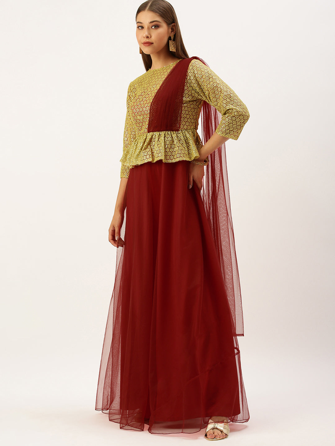 Gold-&-Red-Embroidered-Net-Layered-Gown