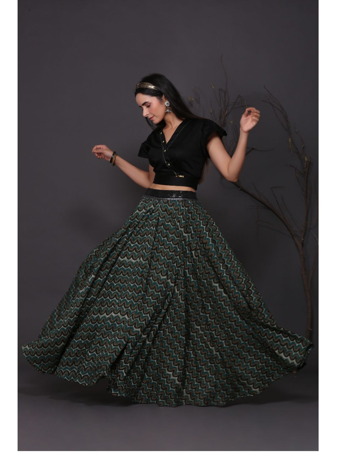 Green-Printed-Skirt-With-Black-Tie-Top