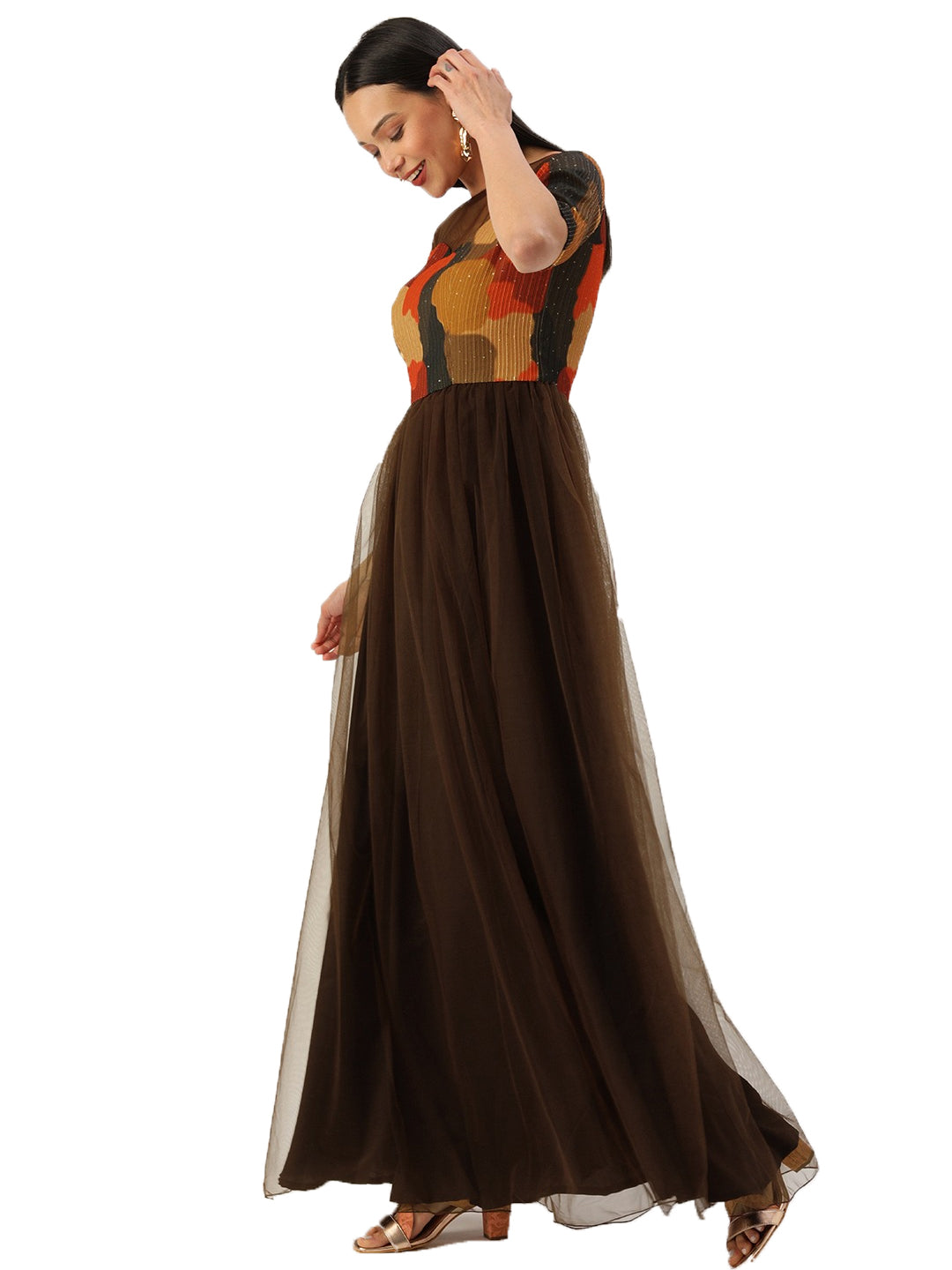 Multicolored-Embroidered-&-Brown-Net-Gown