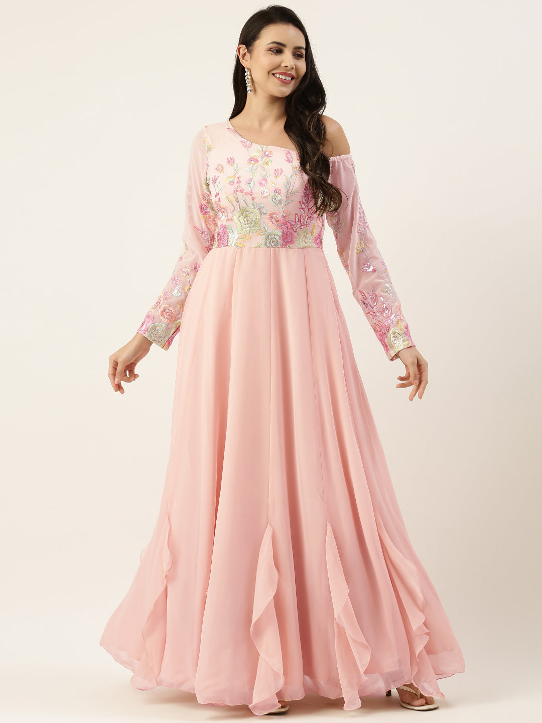 Peach-Embroidered-One-Shoulder-Ruffle-Gown
