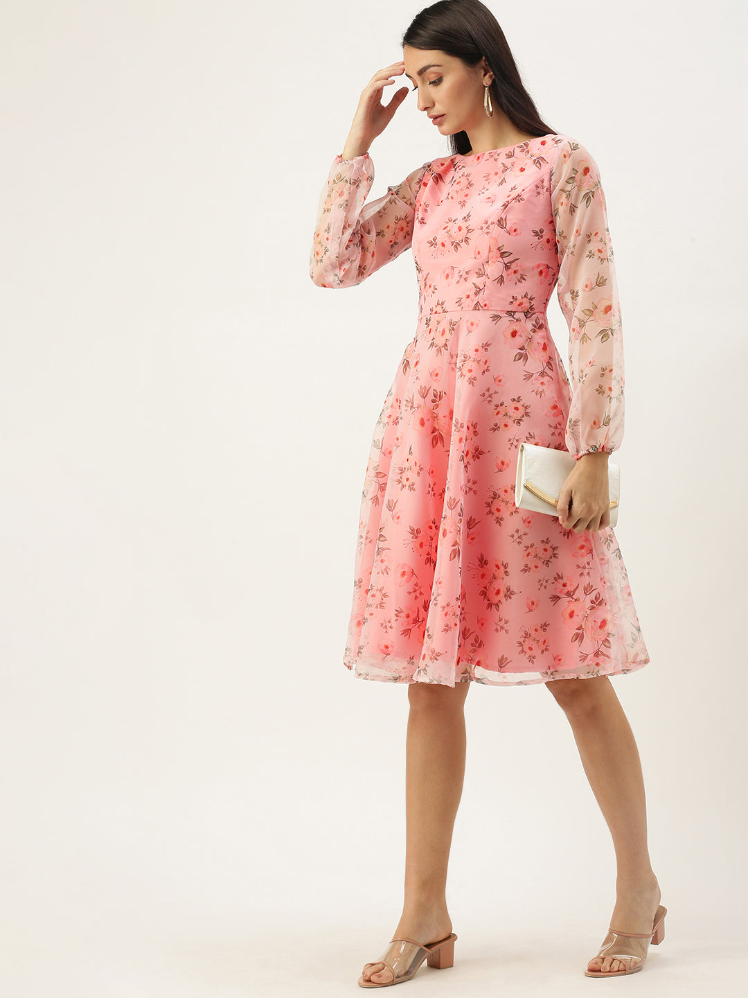 Pink-Digital-Print-Organza-Knee-Length-Dress