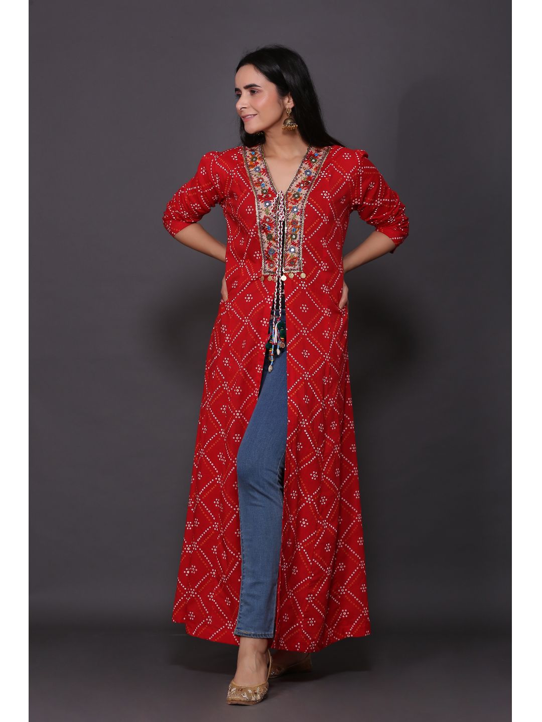 Red-Bandhani-Jacket-With-Cotton-Dress
