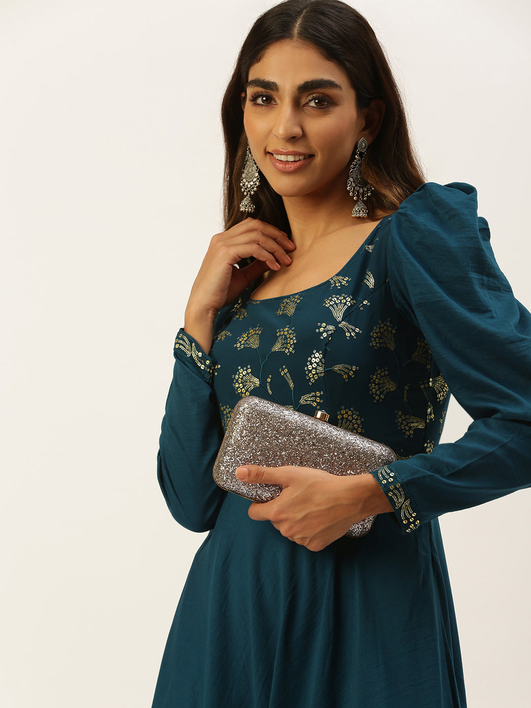 Teal-Blue-Georgette-Embroider-&-Art-Silk-Gown