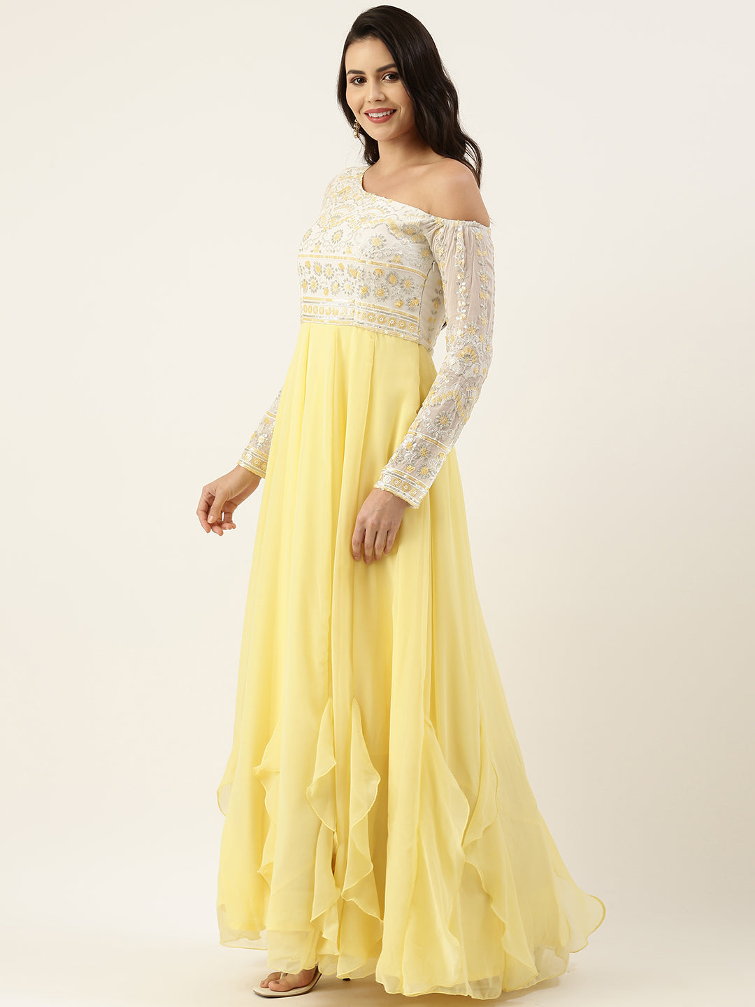 White-&-Yellow-Embroidered-One-Shoulder-Gown