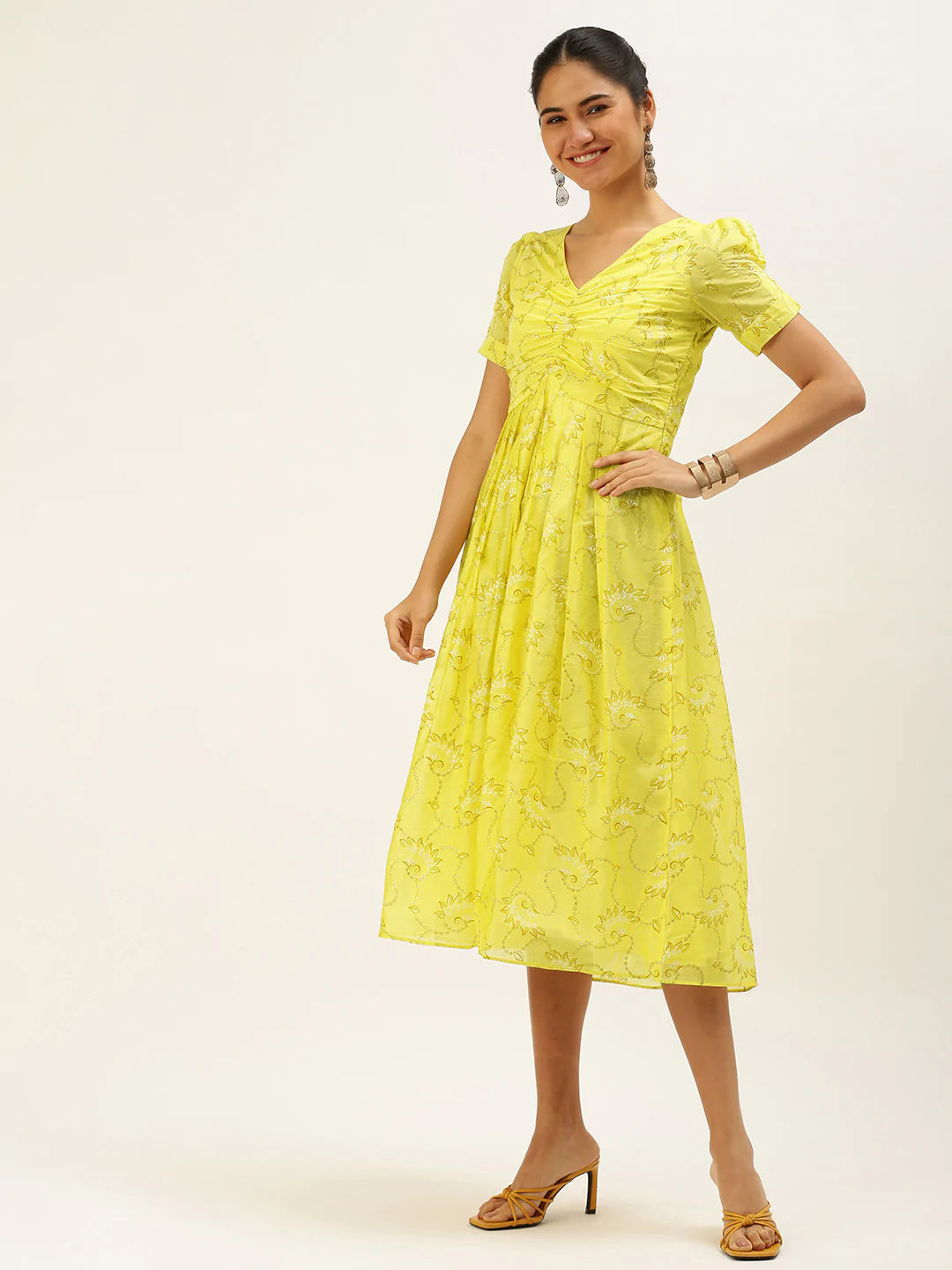 Yellow-Foil-Printed-Art-Silk-Dress