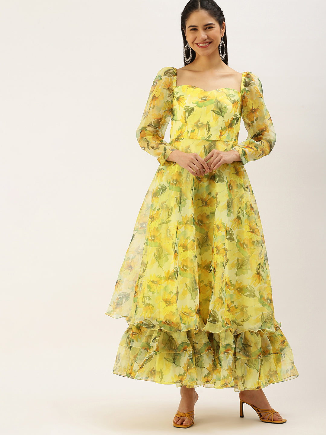 Yellow-Printed-organza-Maxi-Dress